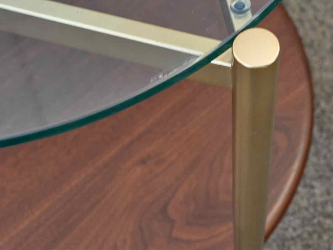 Glass Top Side Table with Gold Metal Legs with Walnut Shelf