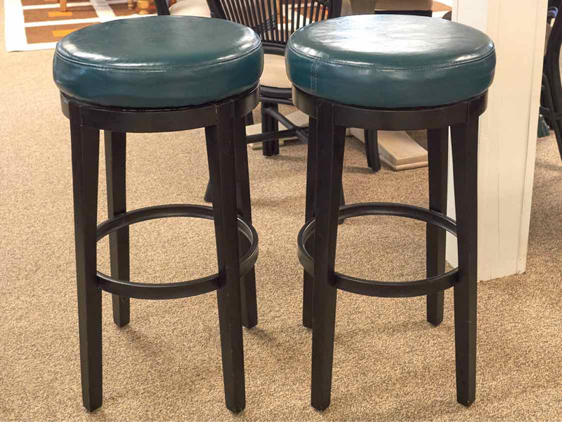 Pair of Swivel Teal Leather Bar Stool