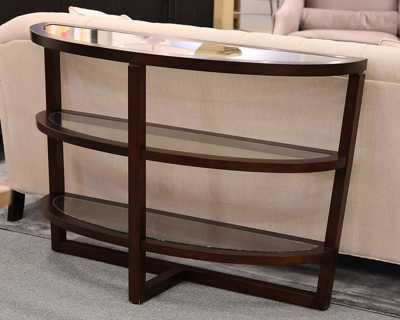 Demi-Lune Console w/2 Glass Shelves in a Dark Java finish