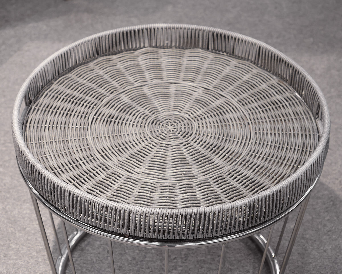 Outdoor Accent Table in Chrome & Teak with Wicker Tray Top