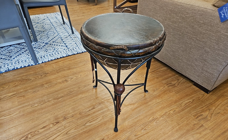 Round Leather Tribal Side Table