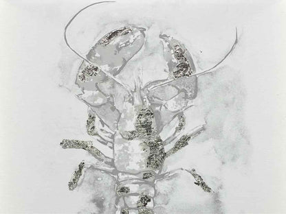 White Wash Lobster On Canvas Silver Foil Accents Gold Frame