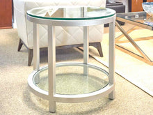 Round Glass Top Side Table with Brushed Silver Finish with Bottom Shelf