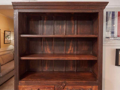 Solid Cypress Dark Stained 5 Shelf 2 Carved Door Bookcase