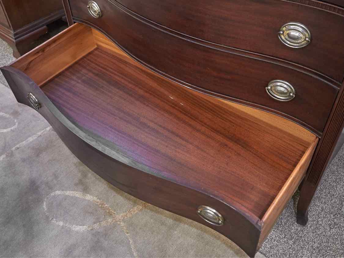 Mahogany Serpentine 6 Drawer Dresser with Pewter Finish Hepplewhite Handles