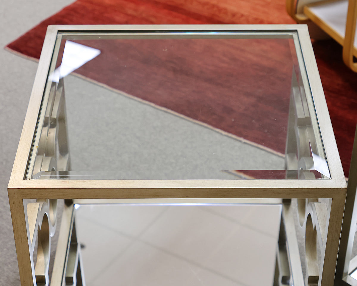 Pair of Square Textured Silver Side Tables with Glass Top and Mirrored Shelf