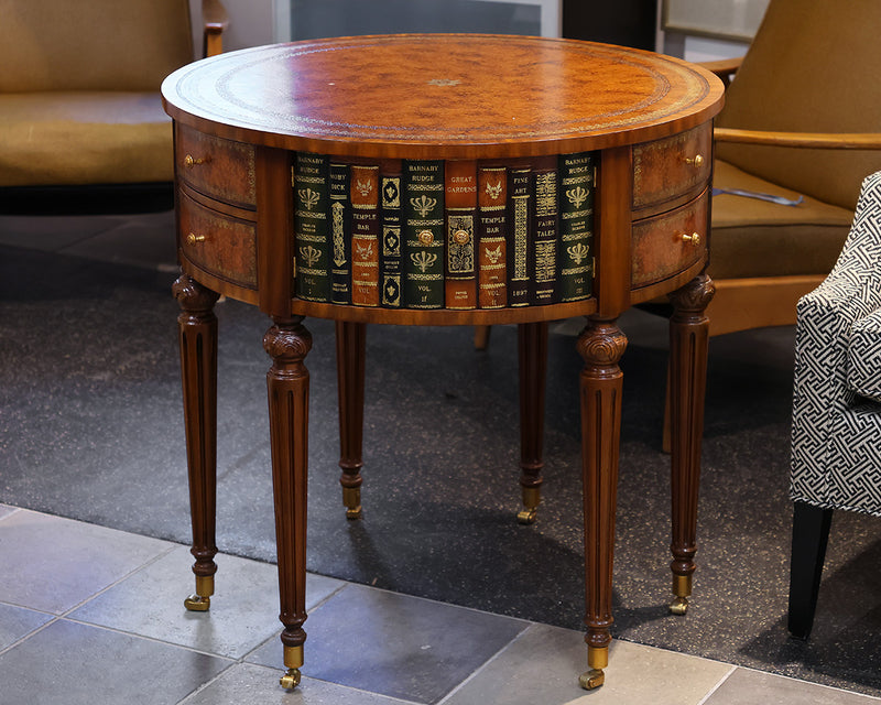 Maitlin Smith Round Mahogany Table w/faux Finish Book Drawers. Leather Top.