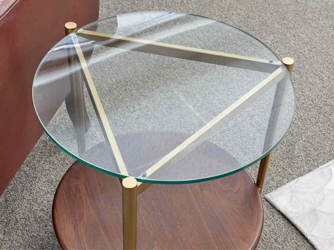 Glass Top Side Table with Gold Metal Legs with Walnut Shelf