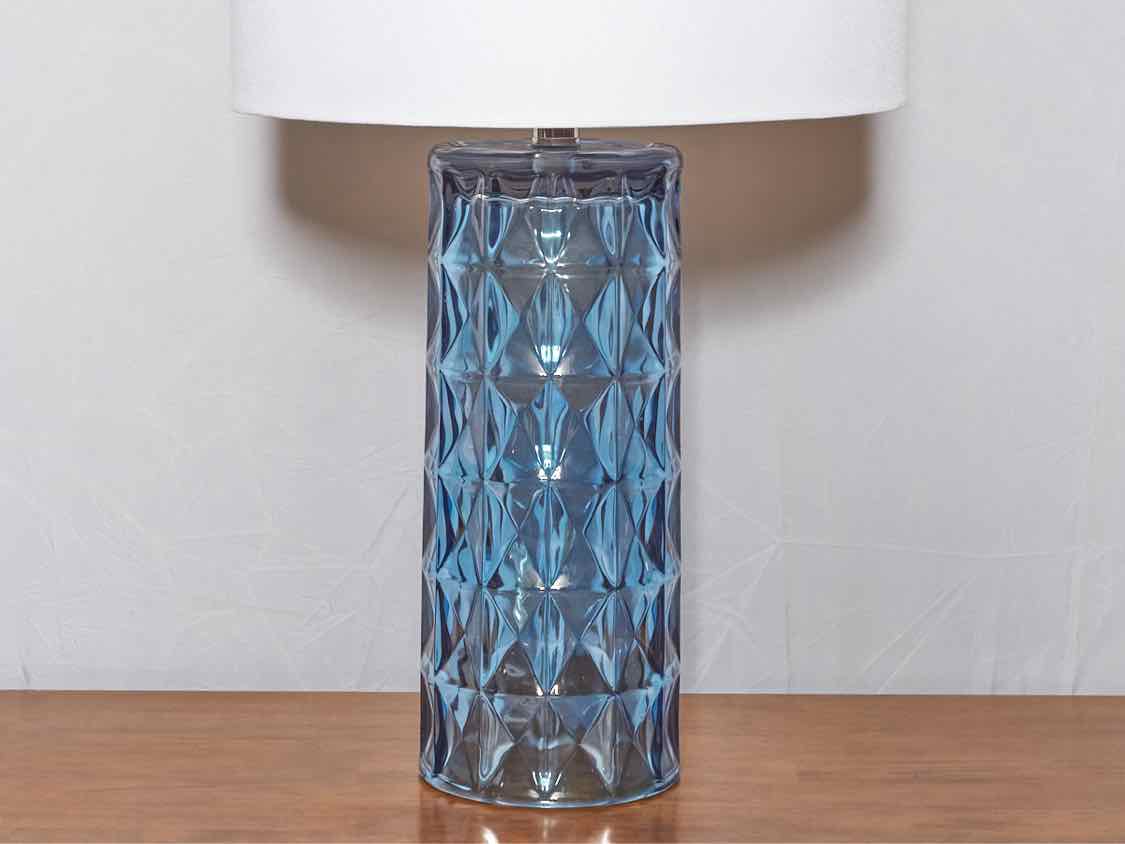 Opaque Teal Blue Glass White Linen Shade Table Lamp