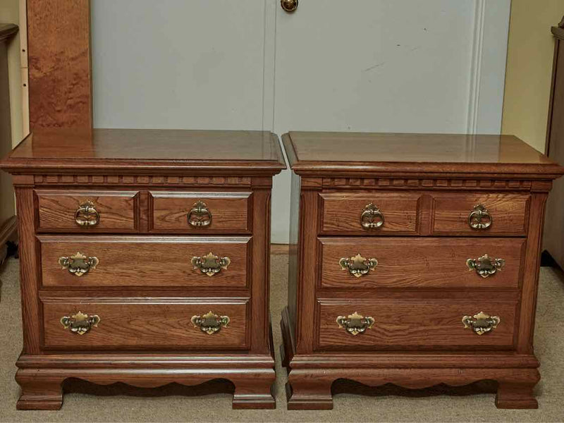 Pair of Kincaid Oak  Nightstands with 2 Drawers & Ornate Chippendale Handles