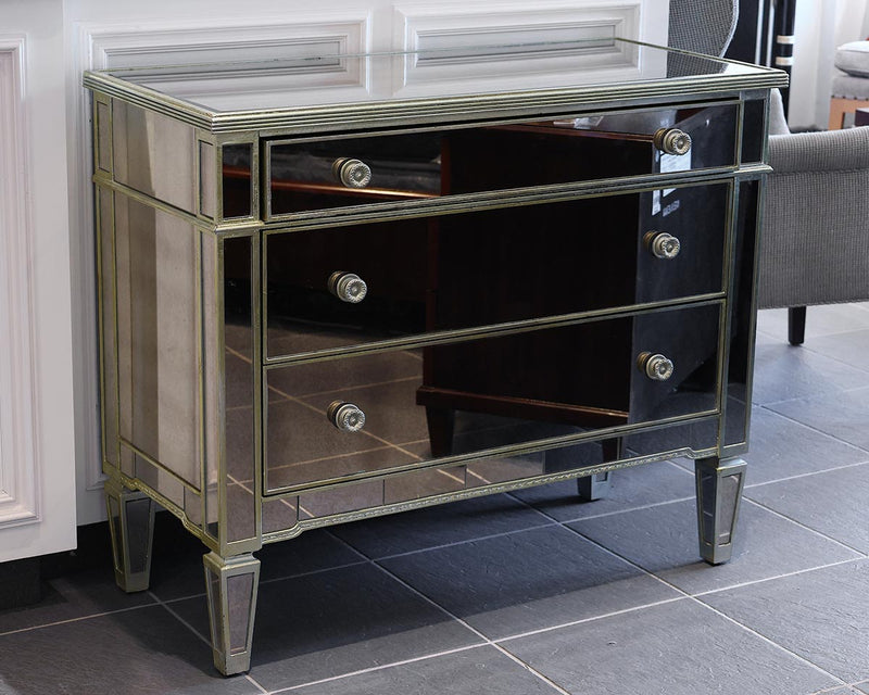 Mirrored 3-Drawer Accent Chest with Gold Trim