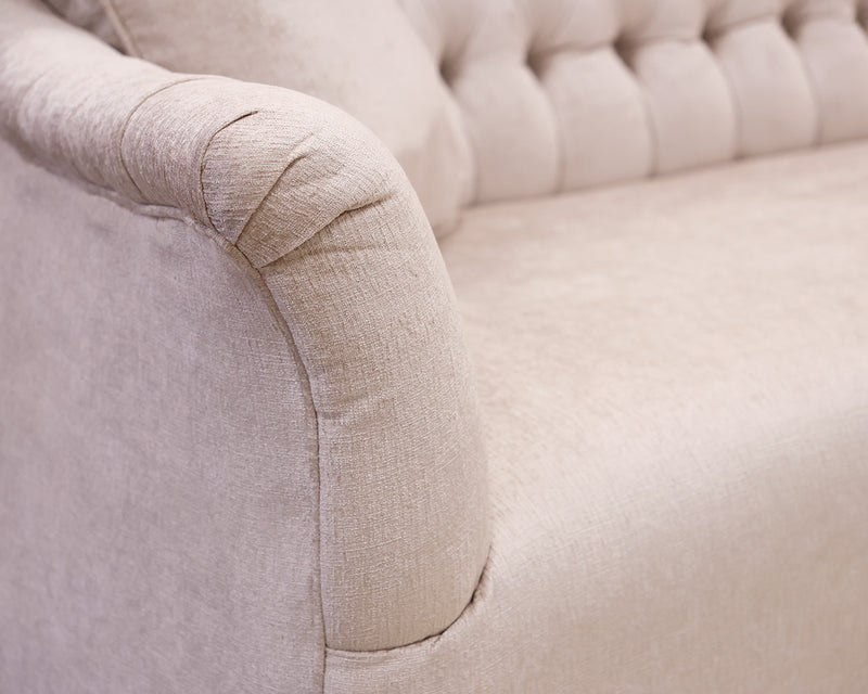 Arhaus Sofa in Taupe Chenille. Tight Seat w/Tufted Back/ Legs in Espresso