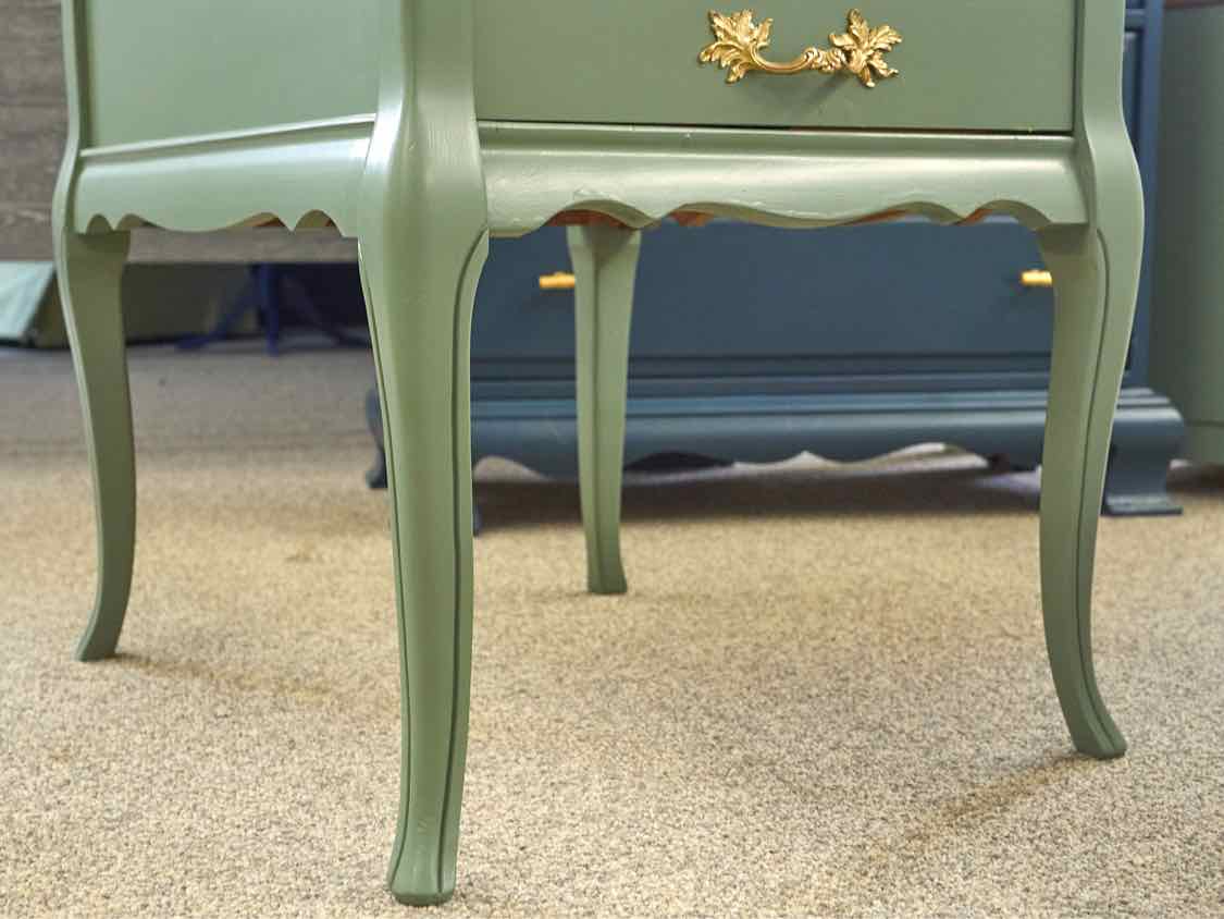 Pair of Leather Top French Provincial Nightstands in Seafoam Green