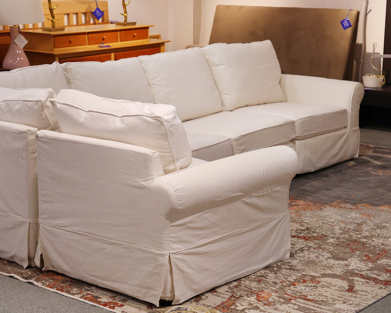 Pottery Barn Comfort Roll Arm Slipcovered 4-Pc Sectional in Warm White Denim