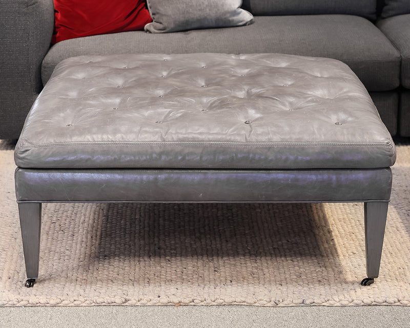 Lee Industries Square Tufted Ottoman in Grey Leather. Washed Grey Stain  Legs.