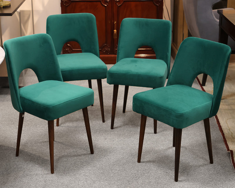 Set of 4 Dark Green Velvet "Shell" Dining Chairs, 1960s