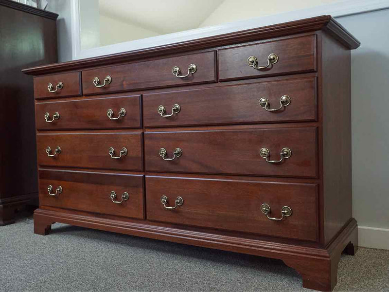 Mahogany Triple Dresser with 9 Drawers & Brass Chippendale Pulls