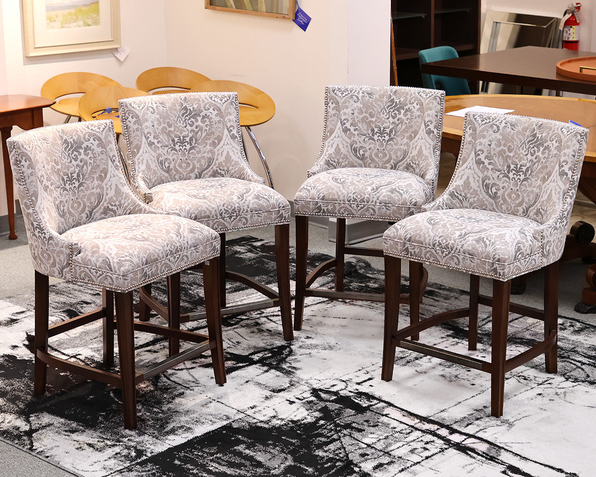 Set of 4 Counter Stools in Grey Damask on Espresso Frame