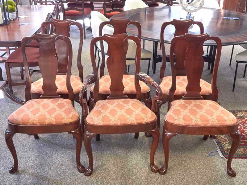 Set of 6 Queen Anne Mahogany Dining Chairs with Salmon Upholstered Seats