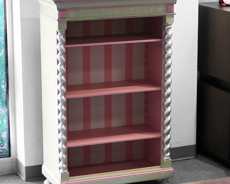 Chartreuse Green & Pink Finish  Bookcase with Silver Rolled Columns