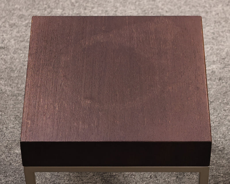 Pair of B&B MaxAlto side tables. Dark walnut finish on brushed silver legs