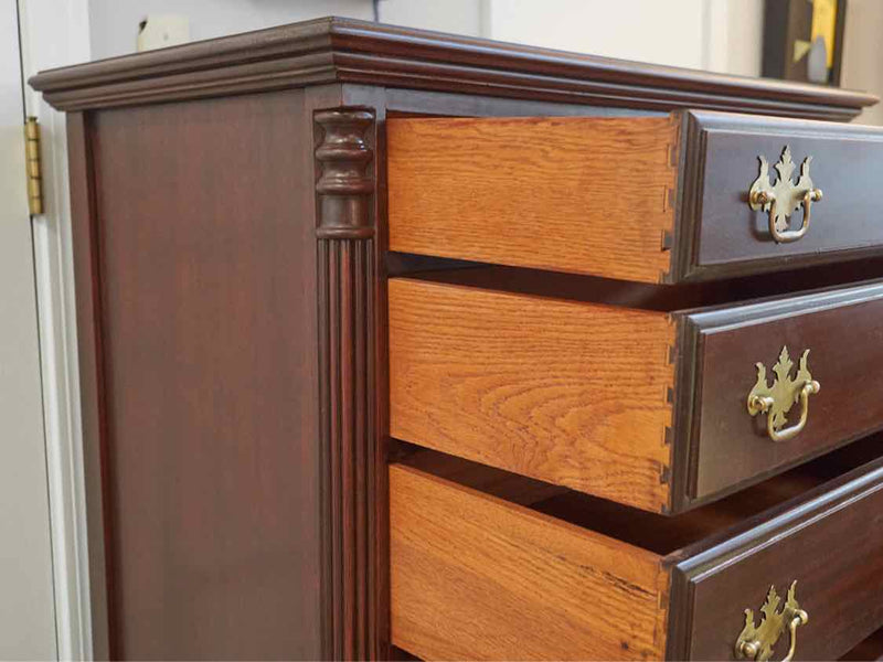 Mahogany 5 Drawer Chest with Column Ssides & Chippendale Brass Hardware