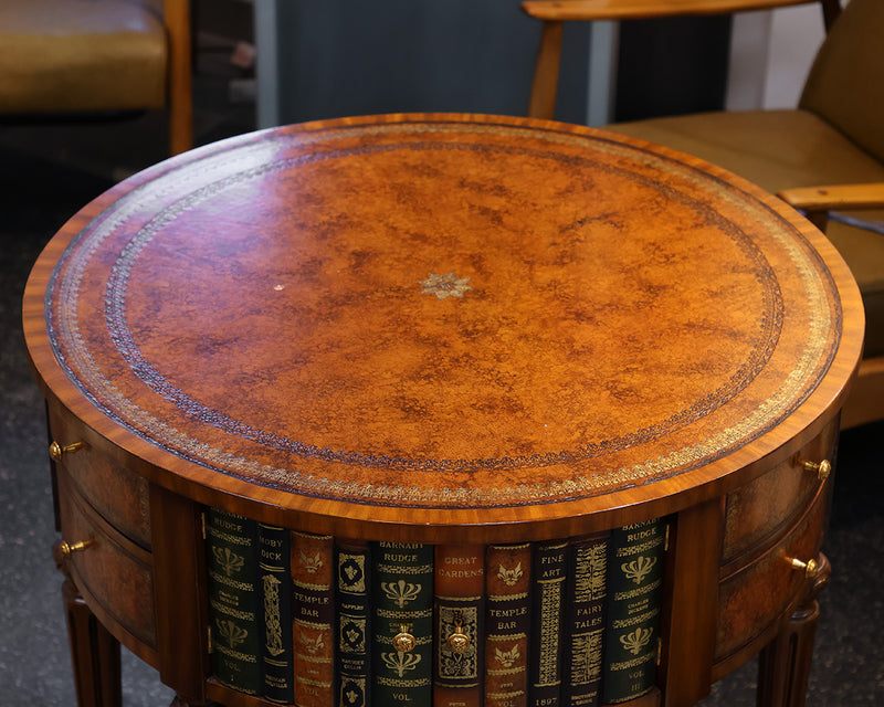 Maitlin Smith Round Mahogany Table w/faux Finish Book Drawers. Leather Top.