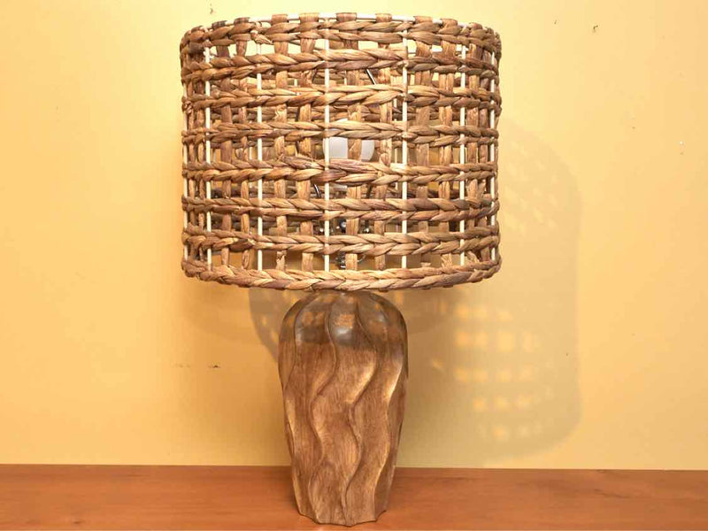 Carved Wooden Table Lamp With Water Hyacinth Shade