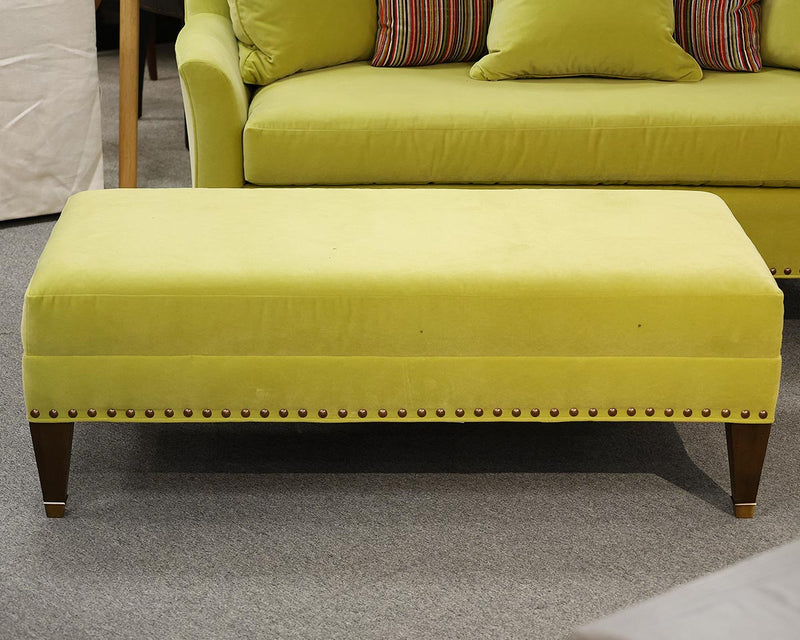 Wesley Hall Chartreuse Velvet Ottoman with Brass Nailhead Trim