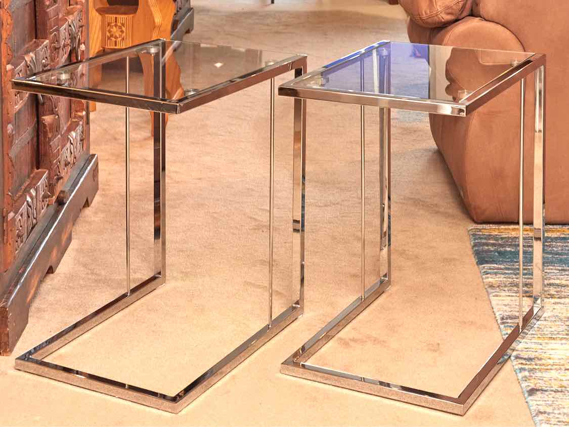 Pair Of  Contemporary Glass Top Chrome Base Side Tables