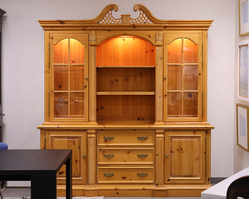 Cabinet and Hutch in Blond Pine w/6 Drawers/2 Doors/2 Glass Doors.