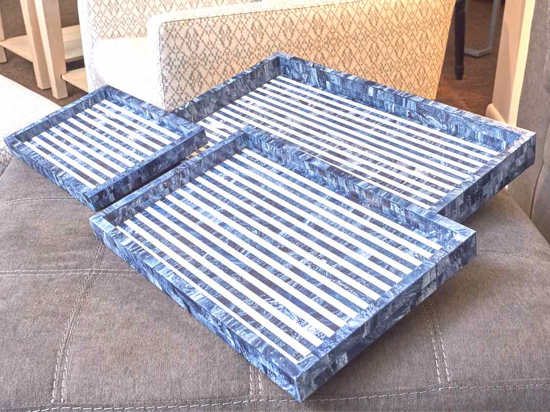 'Multi Blue' Set Of 3 Decorative Trays In Blue,Navy,& Ivory By Dann Foley