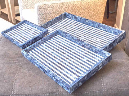 'Multi Blue' Set Of 3 Decorative Trays In Blue,Navy,& Ivory By Dann Foley