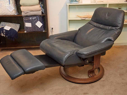 Ekornes Power Recliner in Blue Leather with Walnut Base