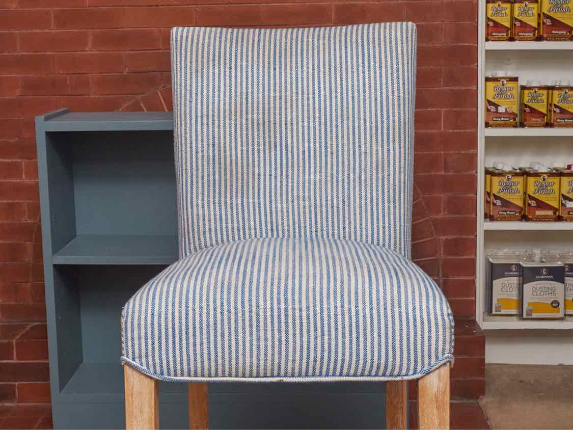 Pair Of  Blue & White Stripe  Upholstered White Washed Legs Counter Stools