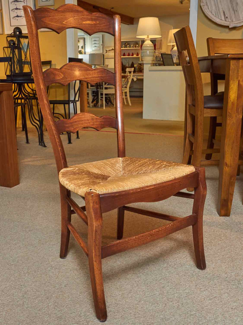 Set of 4 Chestnut Stained Ladderback Dining Chairs with Rush Seats