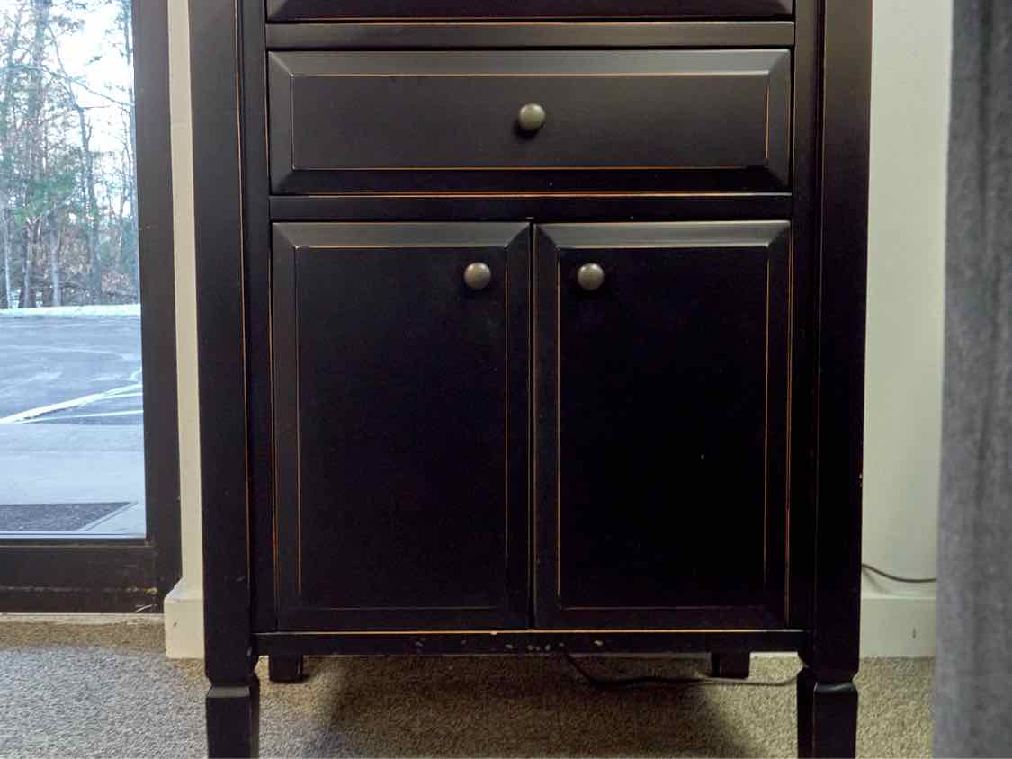 Crate & Barrel Black Distressed Bookcase with Drop Down Desk