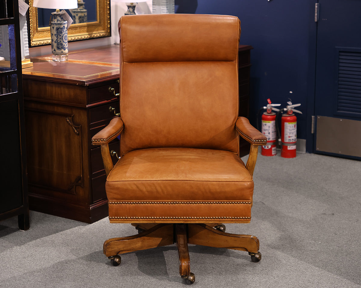 Highback Adjustable Office Chair in Tan Leather with Nailhead Trim