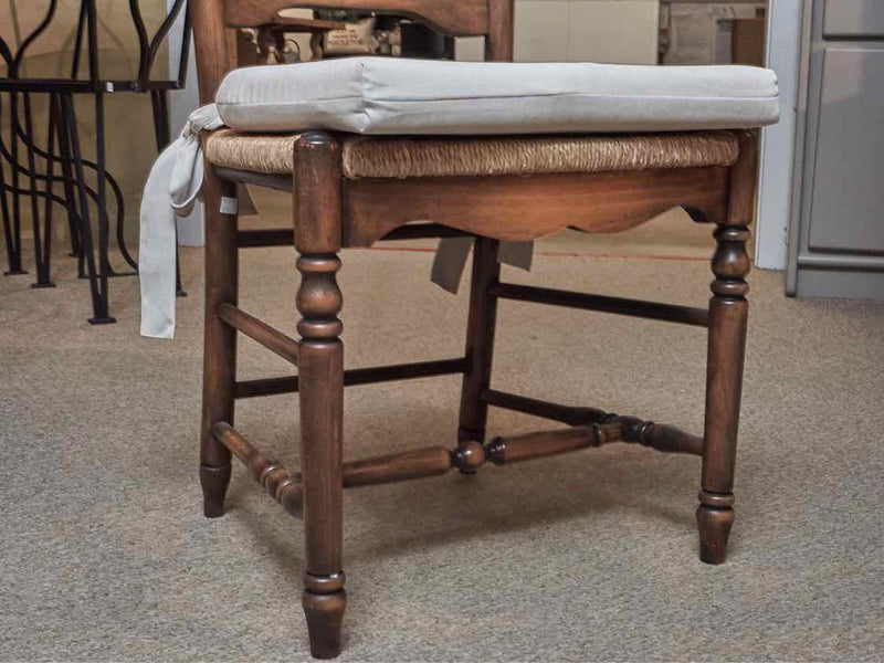 Pine Farm Table With Drawer 6 Side 2 Arm Fan Back Rush Seat& Cushion Chair Set