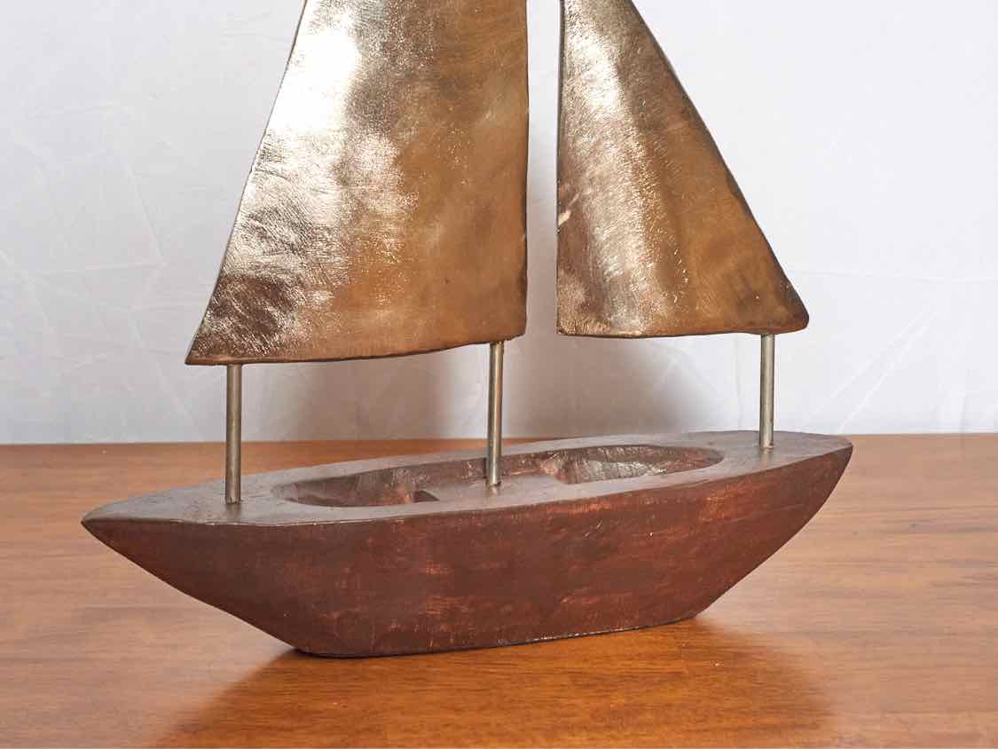 Stained Wooden Boat Sculpture With Pewter Sail