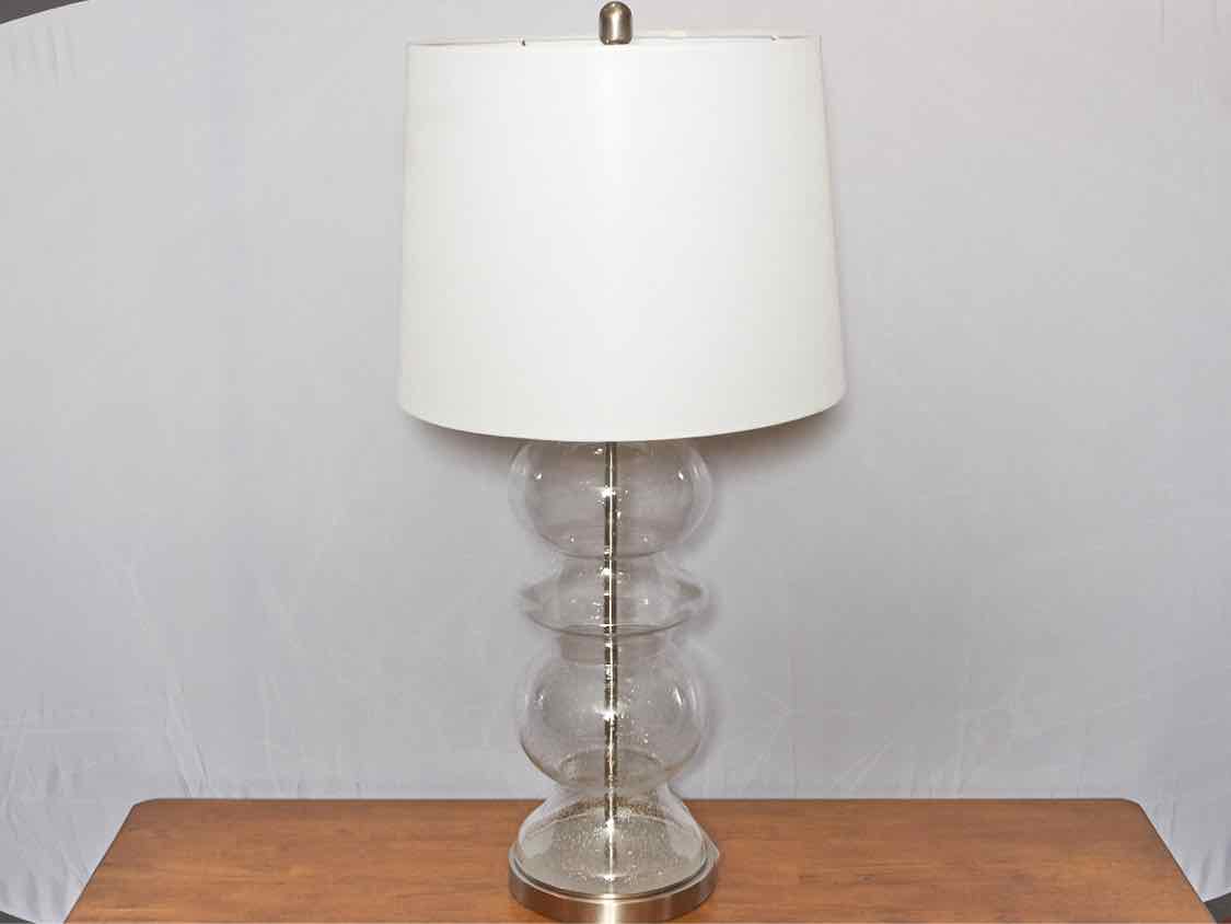 Clear Seeded Glass Transitional Table Lamp With Chrome Base White  Shade