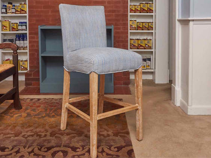 Pair Of  Blue & White Stripe  Upholstered White Washed Legs Counter Stools