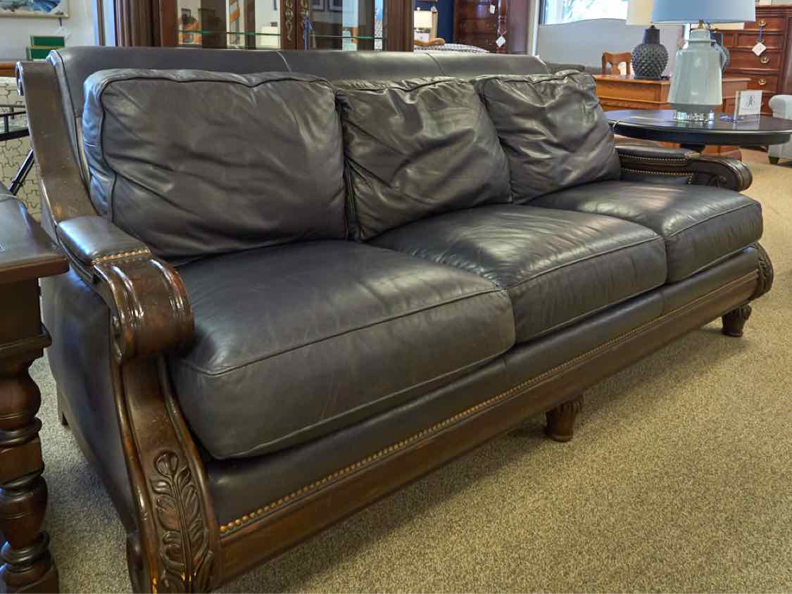 Hancock and Moore Mahogany Framed Blue Leather Sofa