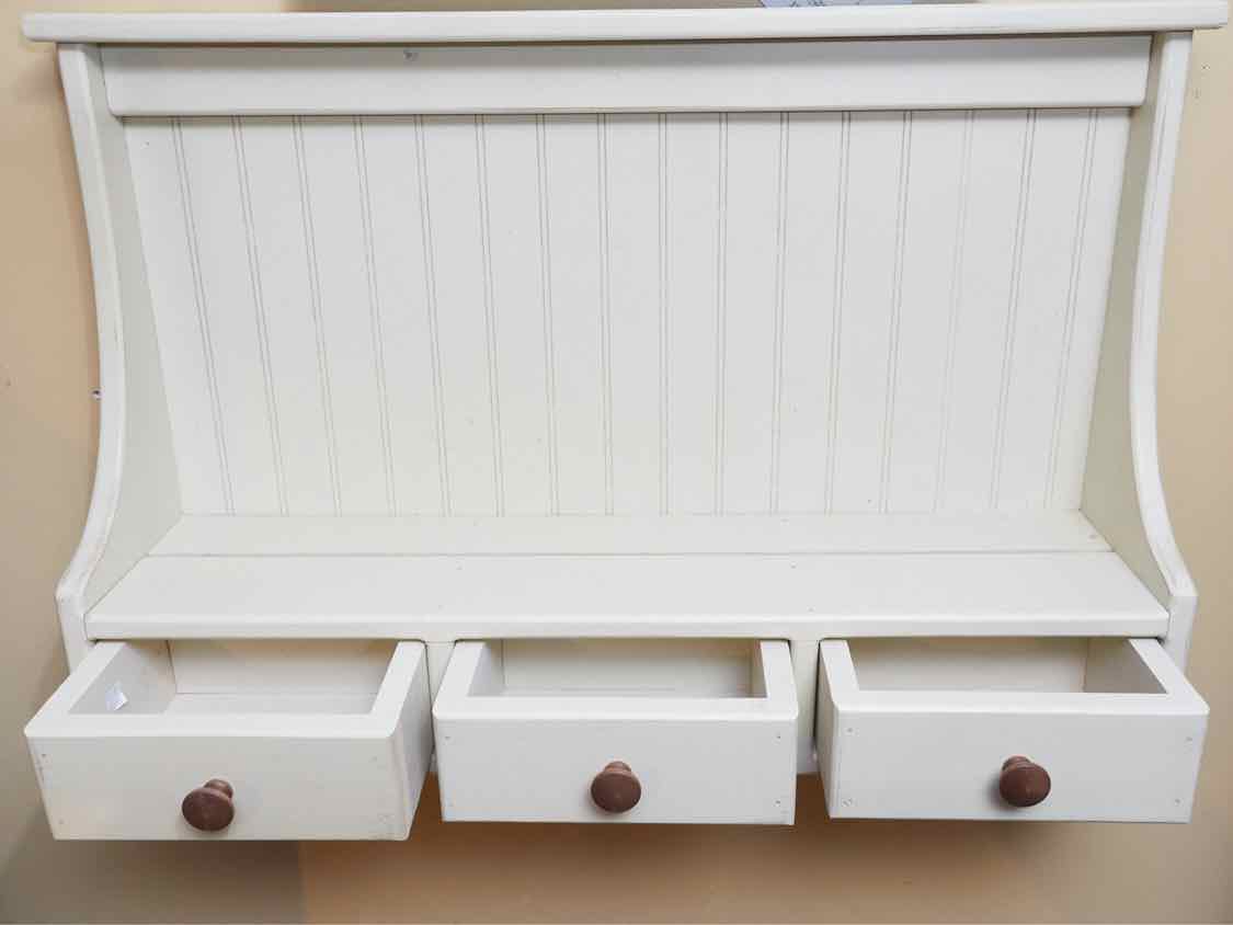 Antique Cream Finish Beadboard Back 3 Drawer High Back Wall Shelf