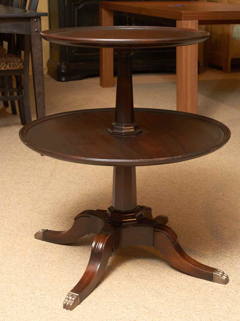 Mahogany 2 Tier Dessert Pedestal Table with Brass Feet