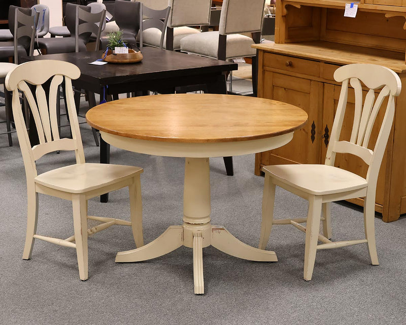 Canadel Round Maple Top with Ivory Distressed Finsh Pedestal  Table & Chair Set