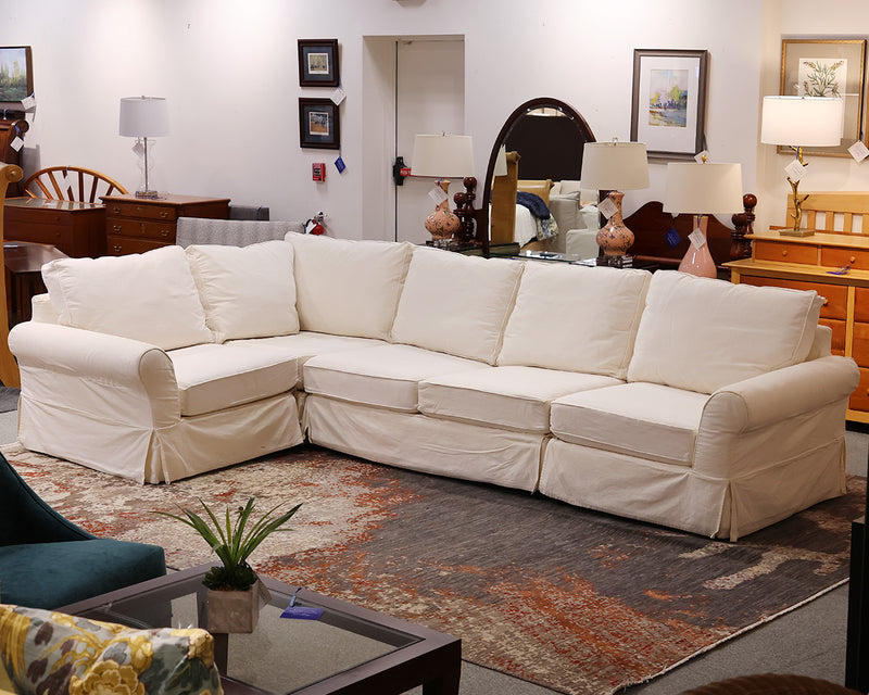 Pottery Barn Comfort Roll Arm Slipcovered 4-Pc Sectional in Warm White Denim