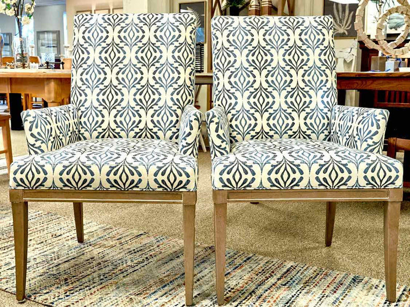 Pair of Ethan Allen "Dayton"  Dining Chairs in Ivory & Blue Pattern Upholstery