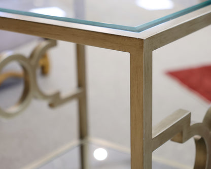 Pair of Square Textured Silver Side Tables with Glass Top and Mirrored Shelf