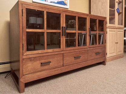 Stained European Oak Mission Style Display Cabinet 3 Glass Door 3 Drawers